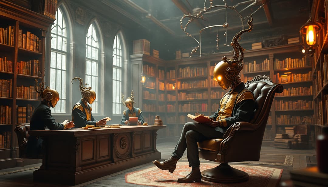 flux.1 A steampunk-inspired library where books float in mid-air, connected by gears and steam pipes. Clockwork librarians with brass bodies and glowing eyes assist readers who sit in hovering armchairs.
