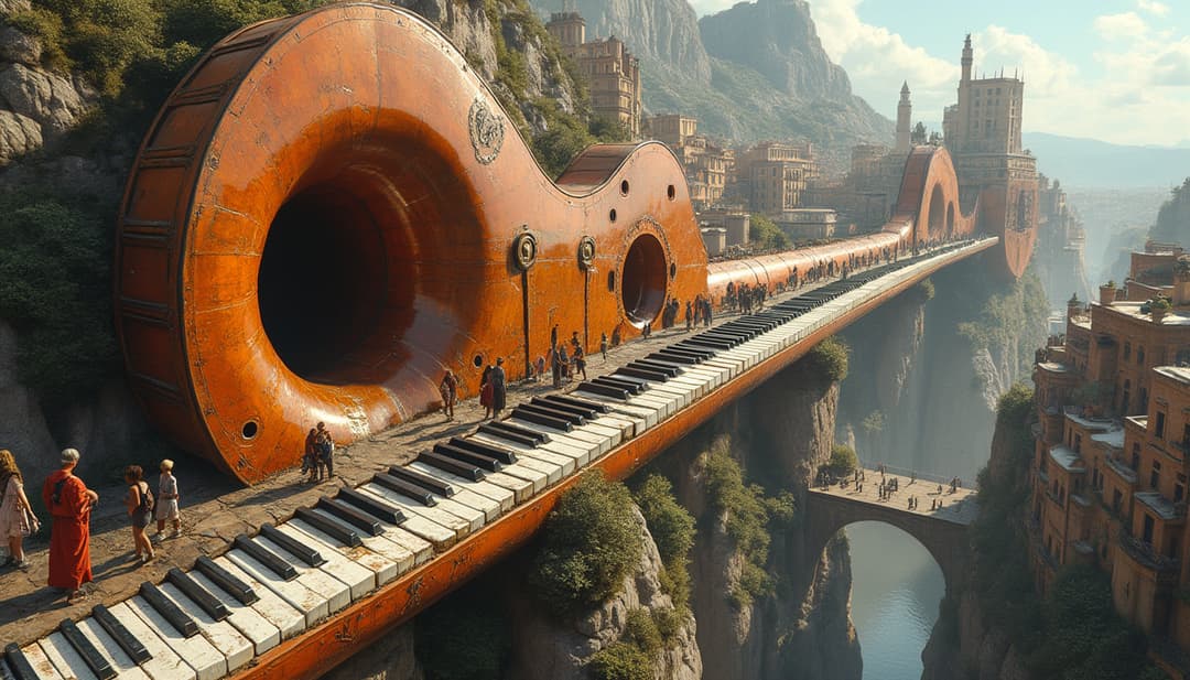 flux.1 A city built inside a giant's musical instrument, where buildings are shaped like piano keys, guitar strings form bridges, and people travel through trumpet-shaped tunnels.
