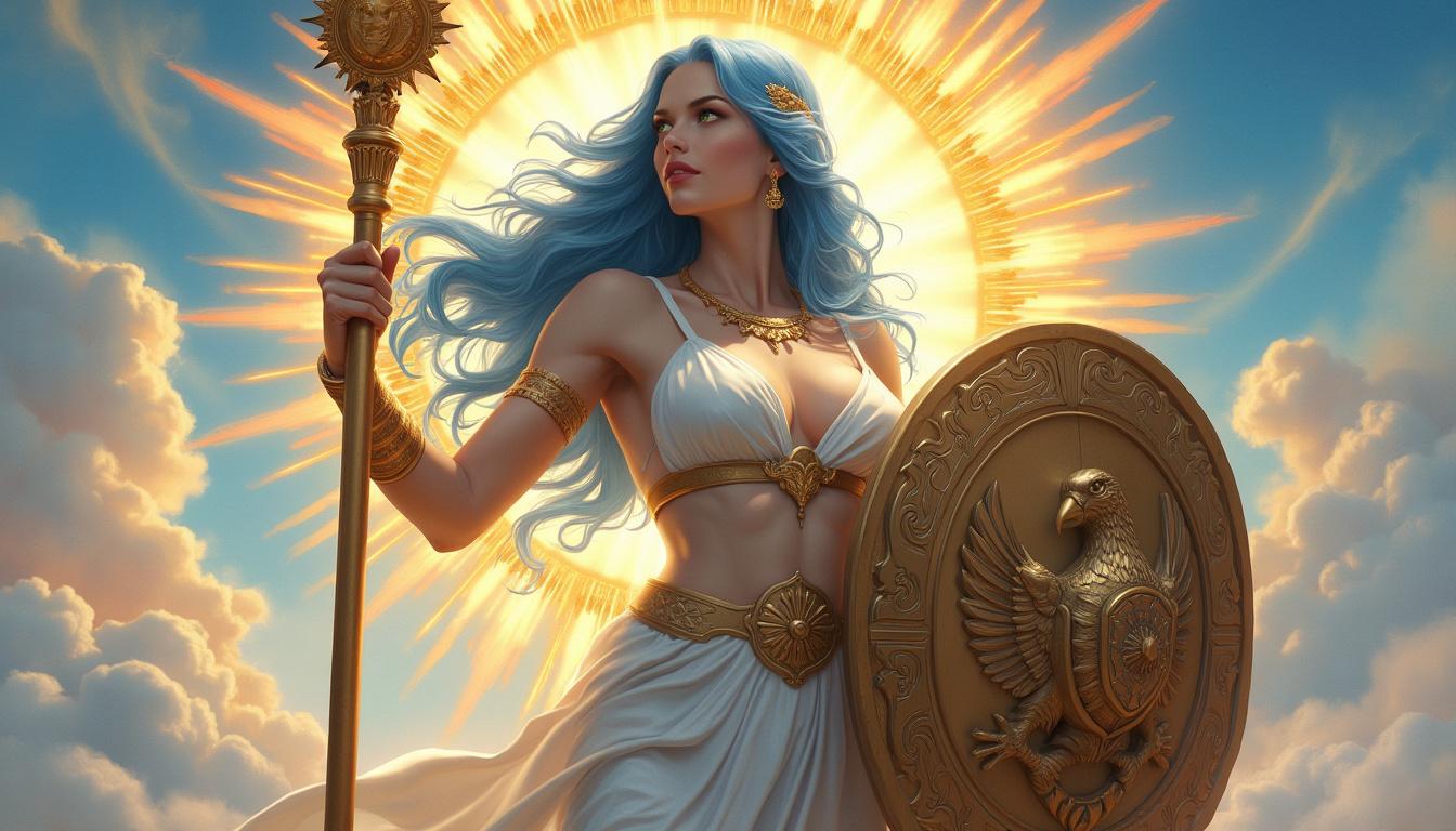 flux.1 aiA highly detailed and majestic scene featuring a powerful goddess-like woman. She has long, flowing blue hair and is wearing a white, elegantly draped toga. She holds a golden staff with a sun emblem in one hand and a large, ornate shield with an eagle design in the other. Behind her, a radiant sun with golden rays creates a halo effect, adding to her divine appearance. The background includes a clear blue sky with soft, fluffy clouds, enhancing the ethereal and regal atmosphere.