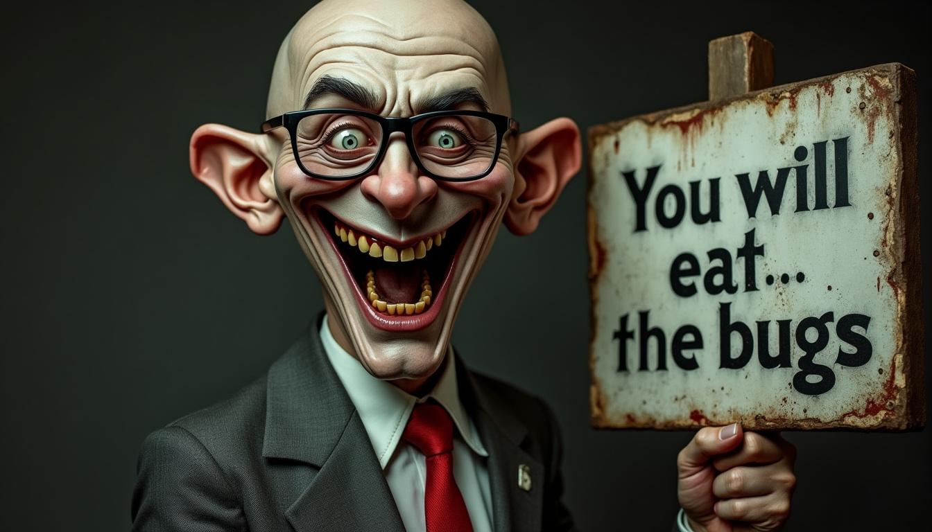 flux.1 aiA hyper-realistic and somewhat eerie portrait of a bald man with exaggerated features, wearing glasses and a suit with a red tie. He has a wide, unsettling grin and is holding a weathered sign that reads "You will eat the bugs." The background is dark and minimalistic, adding to the focus on his expression and the sign. The overall mood is both humorous and slightly sinister, with detailed attention to the man's facial wrinkles and the texture of the sign.