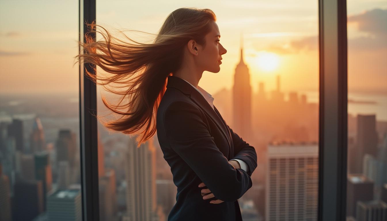 flux.1 aiA confident businesswoman in her mid-30s, wearing a sleek suit, standing atop a skyscraper. Her hair is gently blown by the wind as she gazes out over the city skyline at sunset, embodying determination and success. real photo