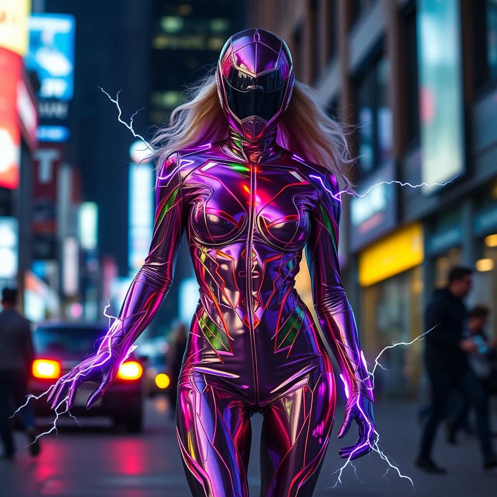 flux.1 aiFemale Superhero colorful Electric bolts over her body in a liquid metal suit in the streets