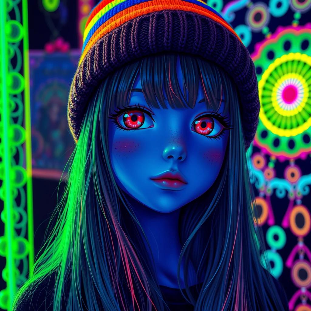 flux.1 aiPsychedelic hyperrealism photorealism featuring a cute kawaii anime girl with long hair and freckles, eyes are bleading red. She wears a neon rainbow beanie hat against a colorful fantasy realism backdrop. The scene is illuminated by vibrant fluorescent colors under black lights, casting intricate patterns and shapes on the edges, creating a visually mesmerizing, detailed black light art piece.