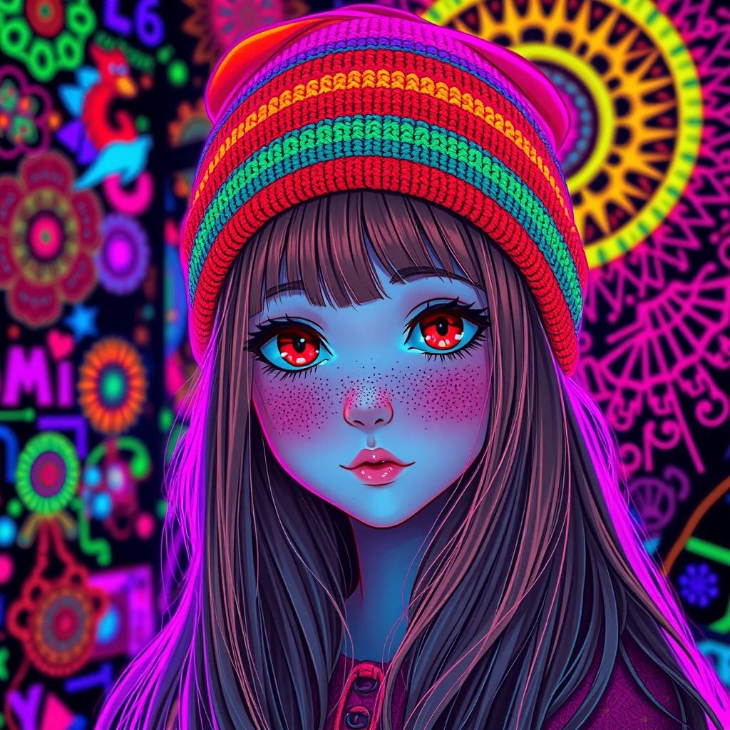 flux.1 aiPsychedelic hyperrealism photorealism featuring a cute kawaii anime girl with long hair and freckles, eyes are bleading red. She wears a neon rainbow beanie hat against a colorful fantasy realism backdrop. The scene is illuminated by vibrant fluorescent colors under black lights, casting intricate patterns and shapes on the edges, creating a visually mesmerizing, detailed black light art piece.