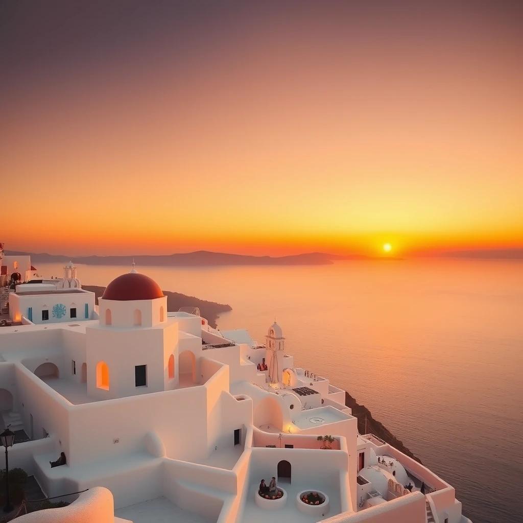 flux.1 aiSunset over Santorini, white buildings glowing orange, calm sea below, romantic and serene 