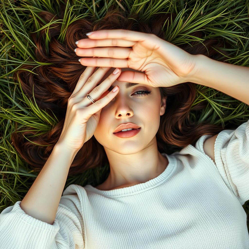 flux.1 aiA beautiful woman lying on a grass field, shielding her eyes from the sunlight with her hand. The scene is viewed from above.