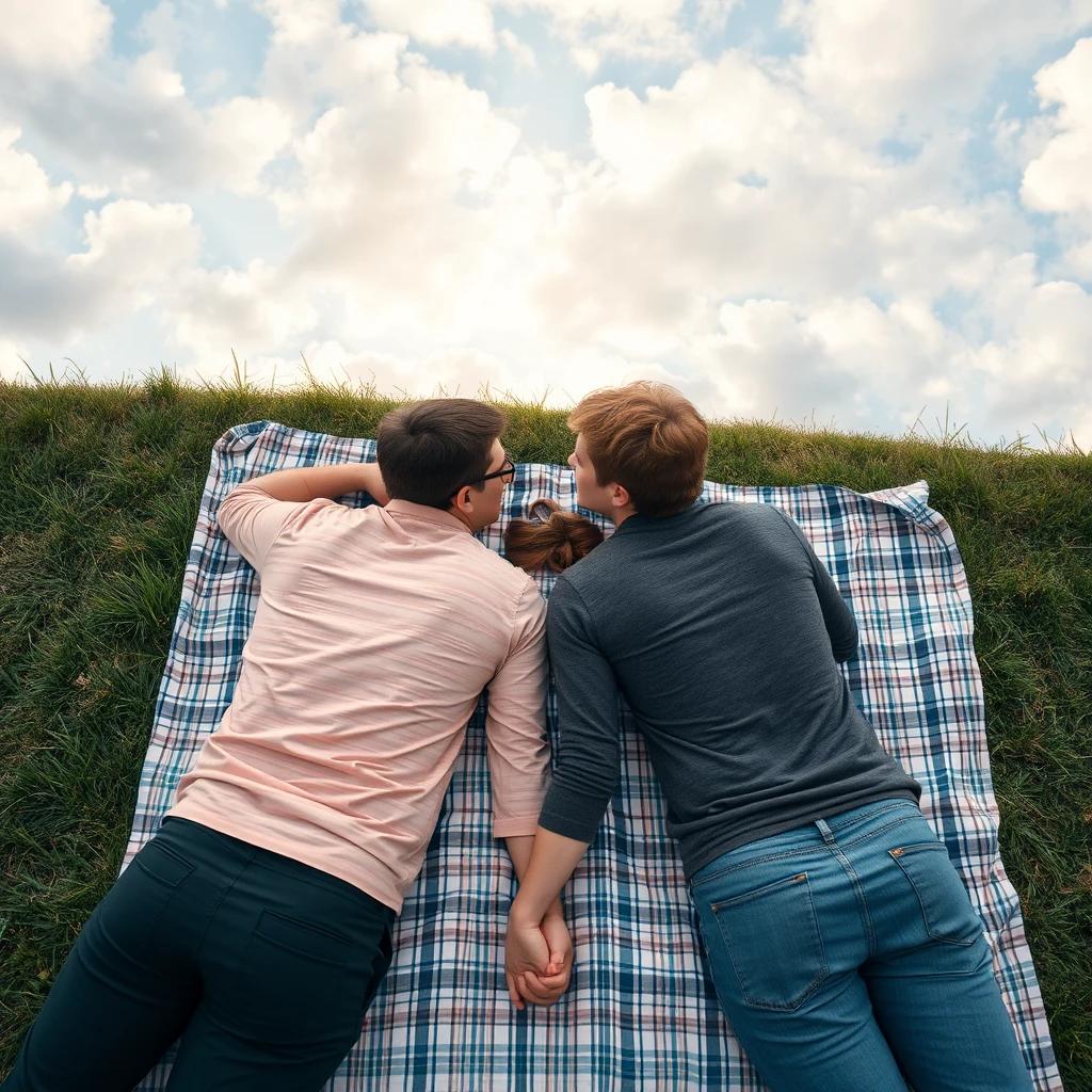 flux.1 aiCouples lying on a picnic mat, gazing at the clouds, holding hands. Scene viewed from above.