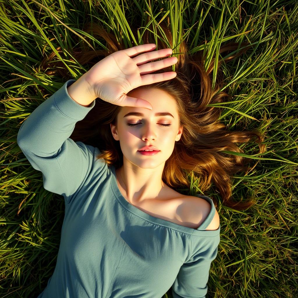 flux.1 aiA beautiful woman lying on a grass field, shielding her eyes from the sunlight with her hand. The scene is viewed from above.