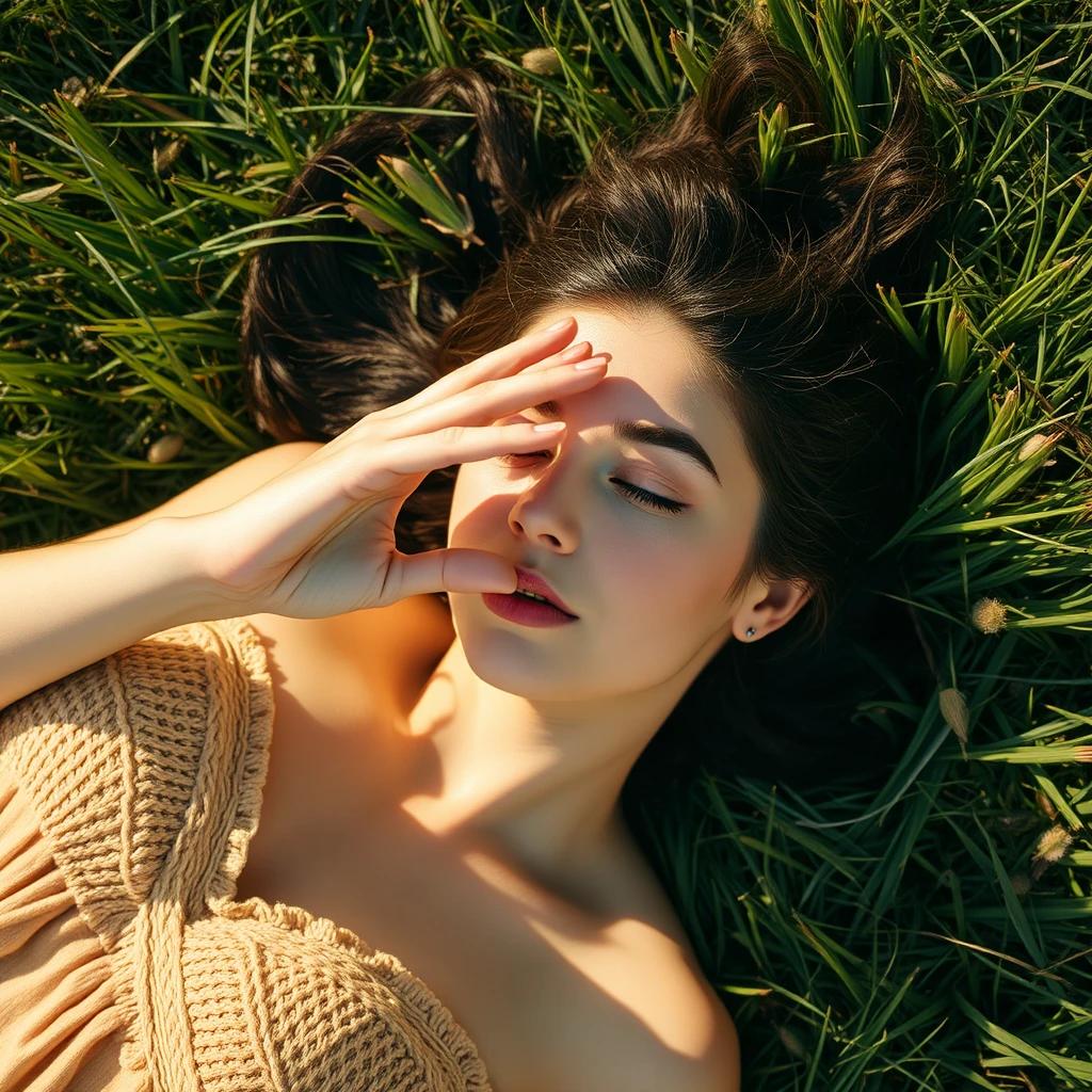 flux.1 aiA beautiful woman lying on a grass field, shielding her eyes from the sunlight with her hand. The scene is viewed from above.