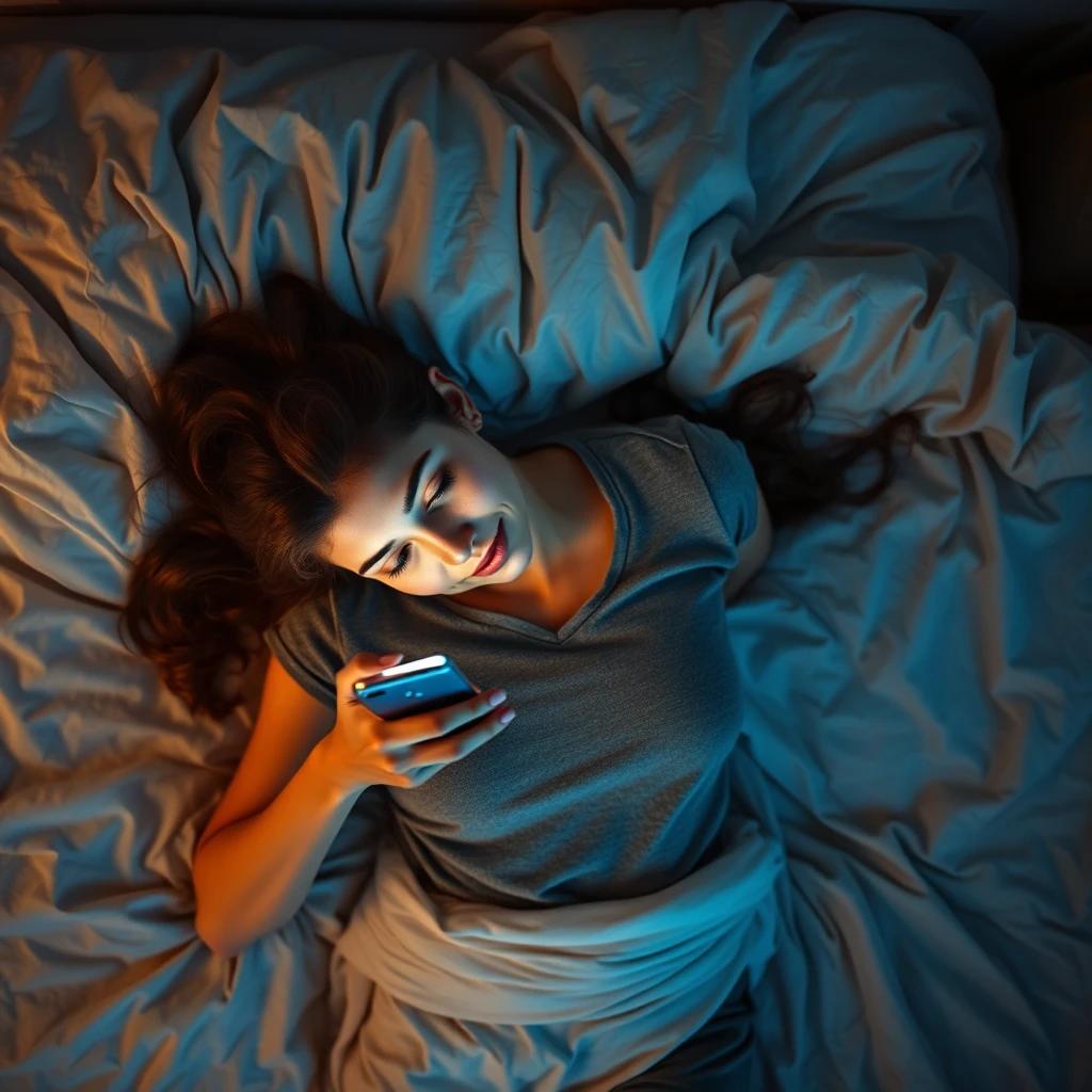 flux.1 aitop-down view, 20s woman lying on bed, casual attire, illuminated face from smartphone, cozy bedroom setting, soft ambient lighting, rumpled bedding textures, intimate atmosphere, millennial lifestyle, overhead perspective