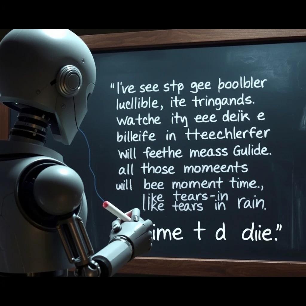 flux.1 aiA robot holding chalk looking at a blackboard that reads the following movie quote: "I've seen things you people wouldn't believe. Attack ships on fire off the shoulder of Orion. I watched C-beams glitter in the dark near the Tannhäuser Gate. All those moments will be lost in time, like tears in rain. Time to die."