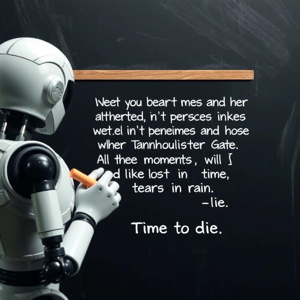 flux.1 aiA robot holding chalk looking at a blackboard that reads the following movie quote: "I've seen things you people wouldn't believe. Attack ships on fire off the shoulder of Orion. I watched C-beams glitter in the dark near the Tannhäuser Gate. All those moments will be lost in time, like tears in rain. Time to die."