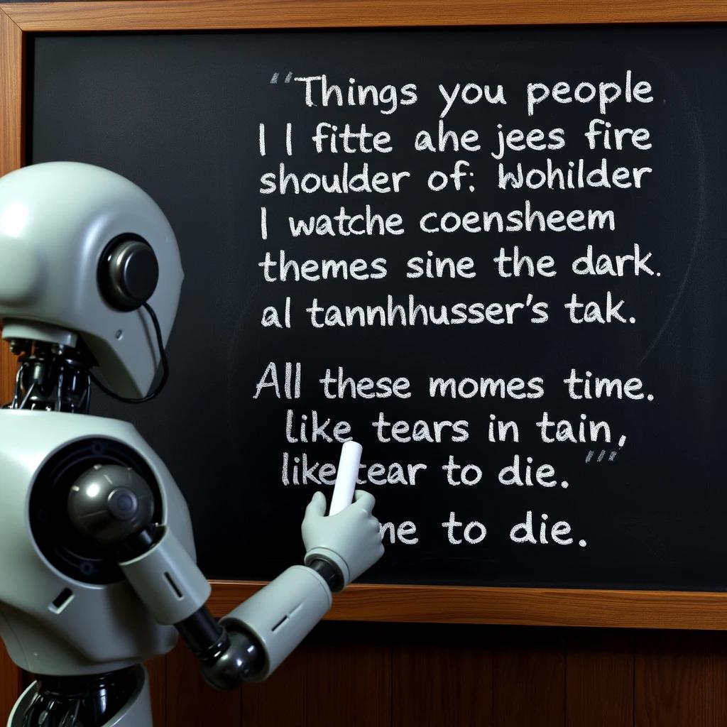 flux.1 aiA robot holding chalk looking at a blackboard that reads the following movie quote: "I've seen things you people wouldn't believe. Attack ships on fire off the shoulder of Orion. I watched C-beams glitter in the dark near the Tannhäuser Gate. All those moments will be lost in time, like tears in rain. Time to die."