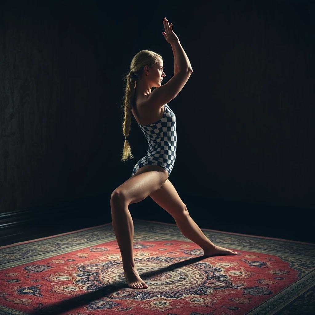 flux.1 aiYoung woman in checkered bodysuit performing yoga pose on ornate rug, dimly lit room with textured walls, long blonde braid, dramatic lighting, side profile view, athletic figure, moody atmosphere