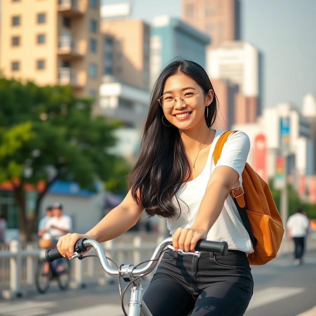 flux.1 aiYoung Korean woman in her 20s riding a bicycle, casual urban outfit, long black hair, smiling, Seoul city scape background, sunny day, vibrant colors