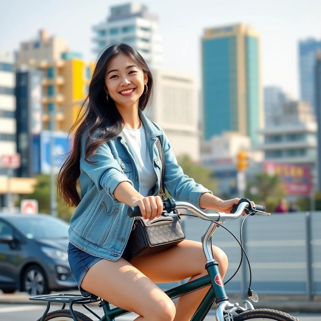 flux.1 aiYoung Korean woman in her 20s riding a bicycle, casual urban outfit, long black hair, smiling, Seoul city scape background, sunny day, vibrant colors