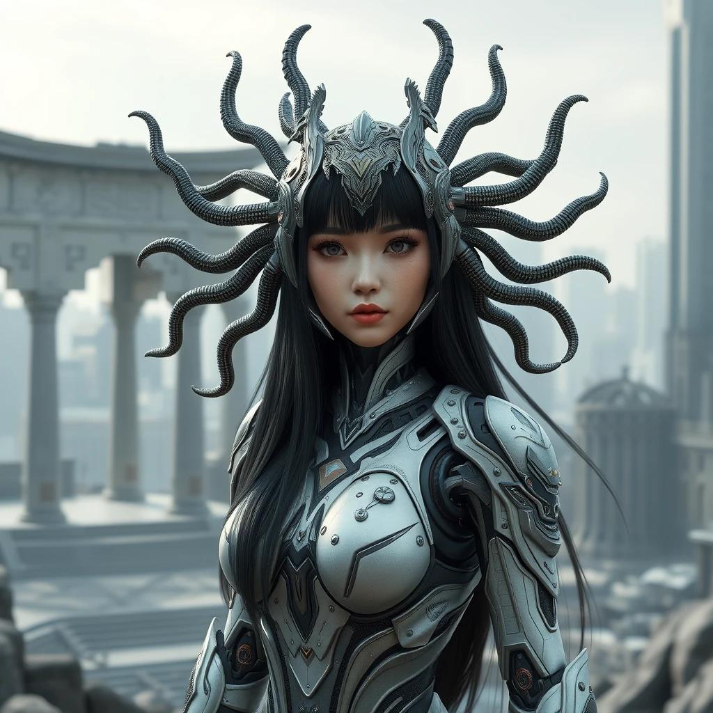 flux.1 aiFuturistic android woman, intricate biomechanical suit, ornate headdress with tentacle-like extensions, long black hair with bangs, Asian features, ancient ruins and modern cityscape background, highly detailed 3D render