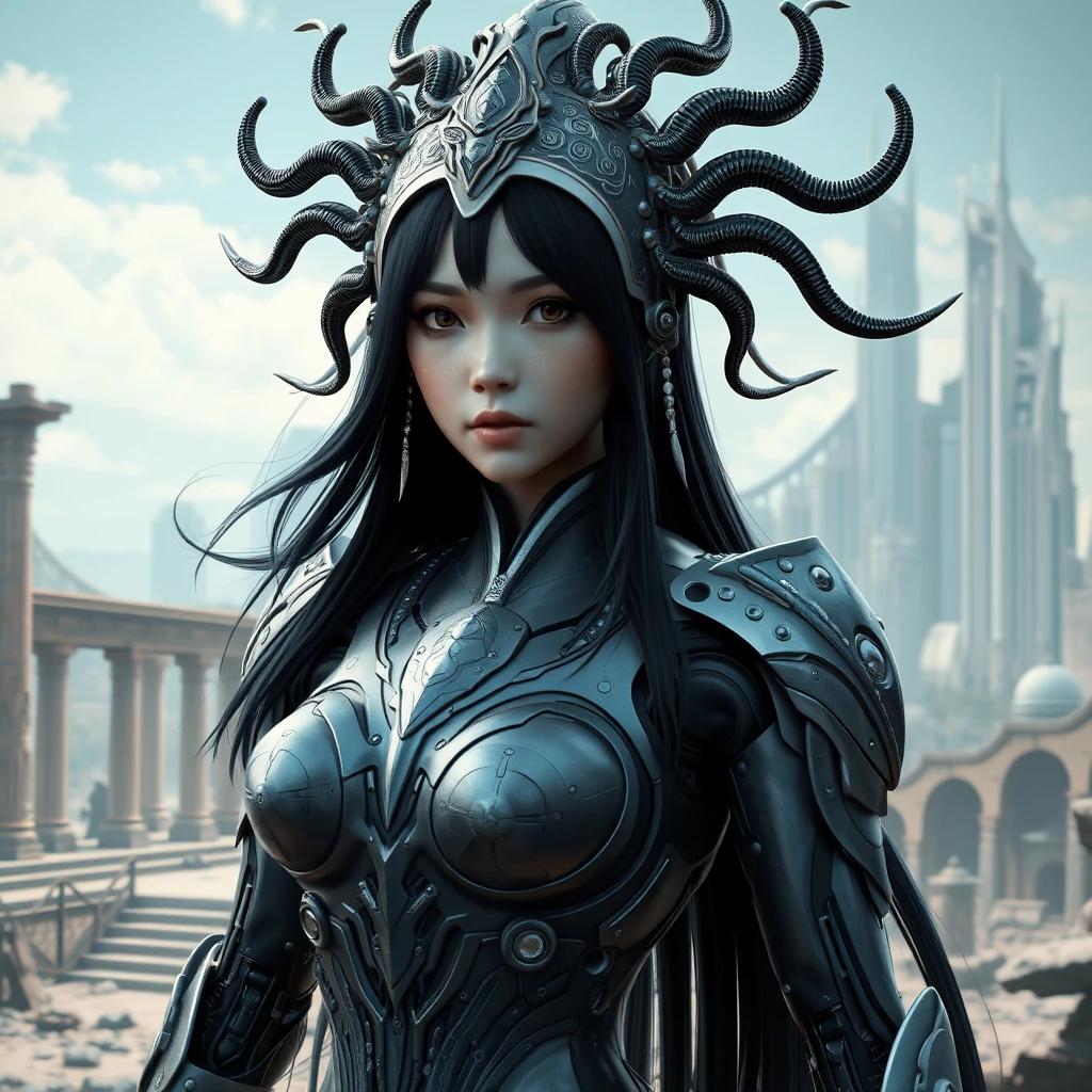 flux.1 aiFuturistic android woman, intricate biomechanical suit, ornate headdress with tentacle-like extensions, long black hair with bangs, Asian features, ancient ruins and modern cityscape background, highly detailed 3D render