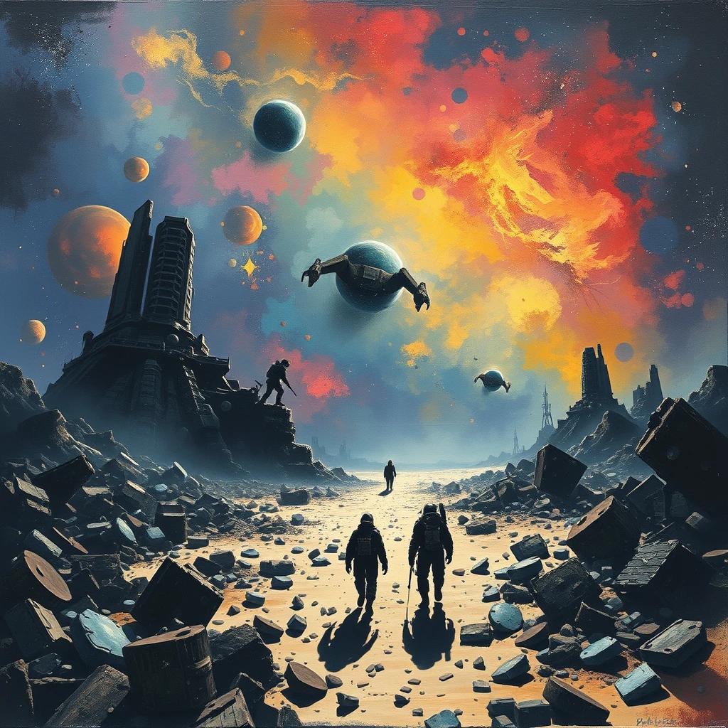 flux.1 aiImagine a dystopian space landscape where silhouetted figures navigate through the debris of a fallen civilization, with impressionistic strokes capturing the chaotic beauty of nebulae and distant stars in the background.