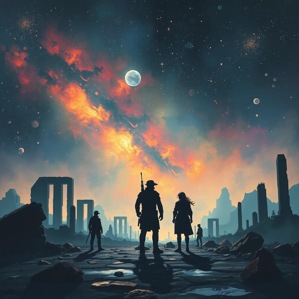 flux.1 aiPaint an impressionistic view of silhouetted figures standing amidst the ruins of a space-faring civilization, with the soft, diffused light of distant stars and the vibrant hues of nebulae creating an otherworldly atmosphere.