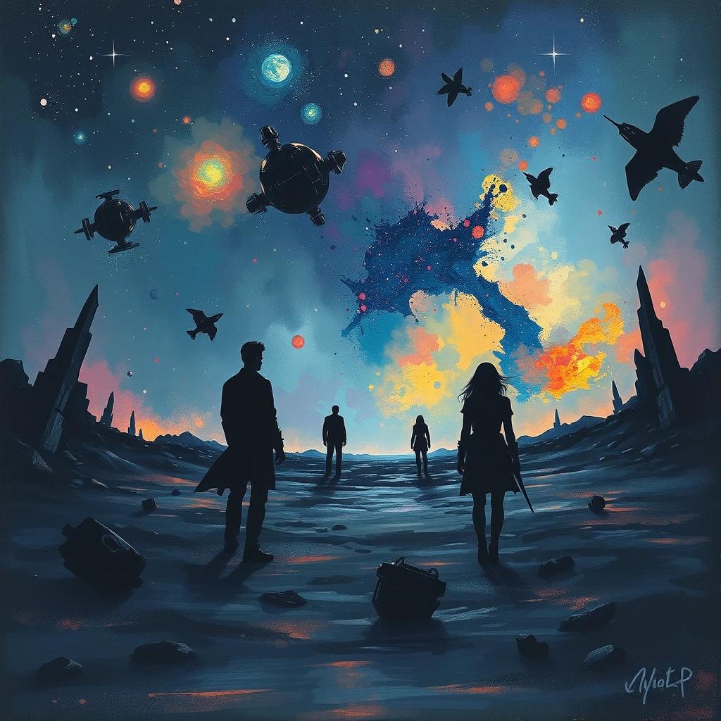 flux.1 aiDepict silhouetted figures in a dystopian space setting, surrounded by the remnants of a collapsed civilization, with impressionistic strokes blending the distant stars and colorful nebulae into a haunting tableau.