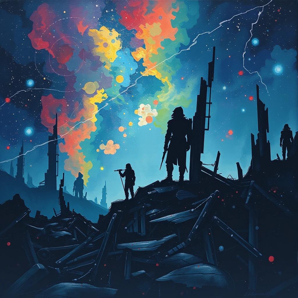 flux.1 aiDepict silhouetted figures in a dystopian space setting, surrounded by the remnants of a collapsed civilization, with impressionistic strokes blending the distant stars and colorful nebulae into a haunting tableau.