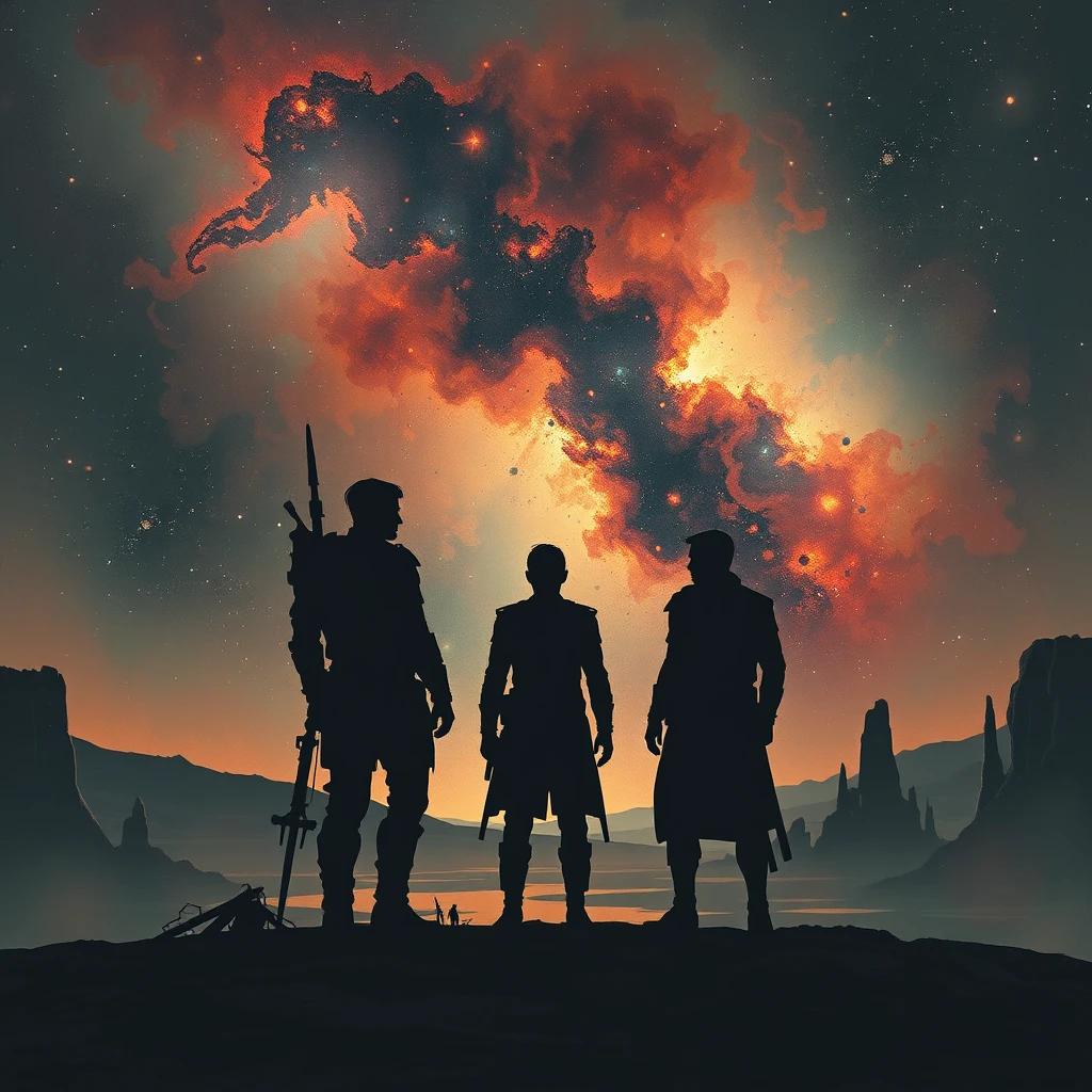 flux.1 aiImagine an impressionistic scene of silhouetted figures standing against a backdrop of nebulae and distant stars, with the remnants of a collapsed civilization adding a layer of dystopian intrigue.