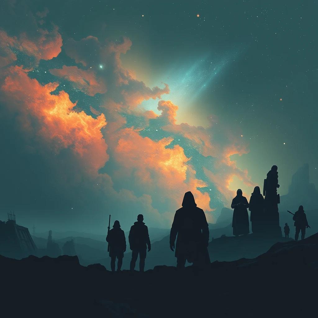 flux.1 aiImagine an impressionistic scene of silhouetted figures standing against a backdrop of nebulae and distant stars, with the remnants of a collapsed civilization adding a layer of dystopian intrigue.