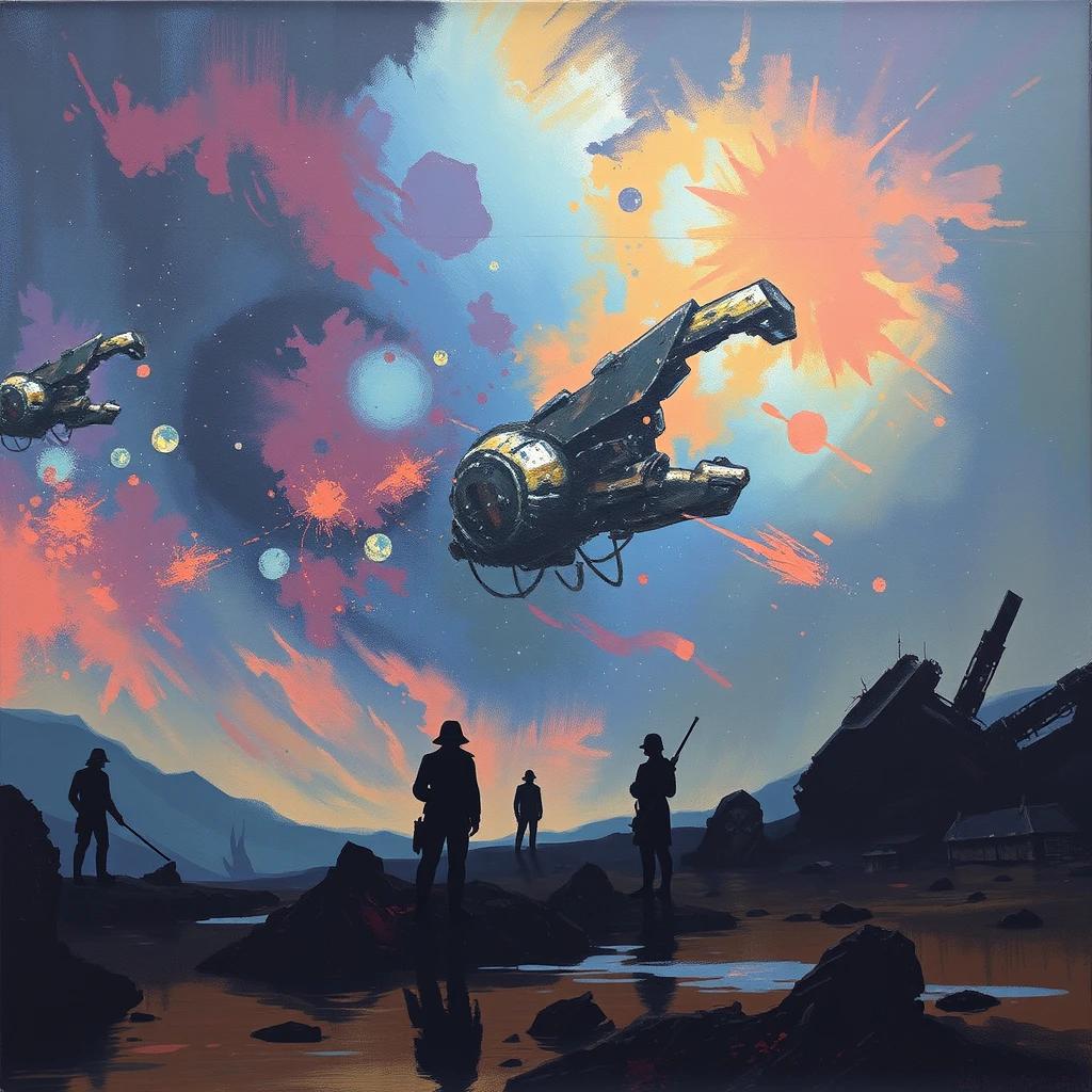 flux.1 aiDepict silhouetted figures in a dystopian space landscape, with impressionistic strokes capturing the beauty of nebulae and distant stars, while the remnants of a fallen civilization add a sense of desolation.