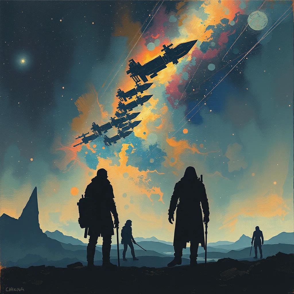 flux.1 aiDepict silhouetted figures in a dystopian space landscape, with impressionistic strokes capturing the beauty of nebulae and distant stars, while the remnants of a fallen civilization add a sense of desolation.