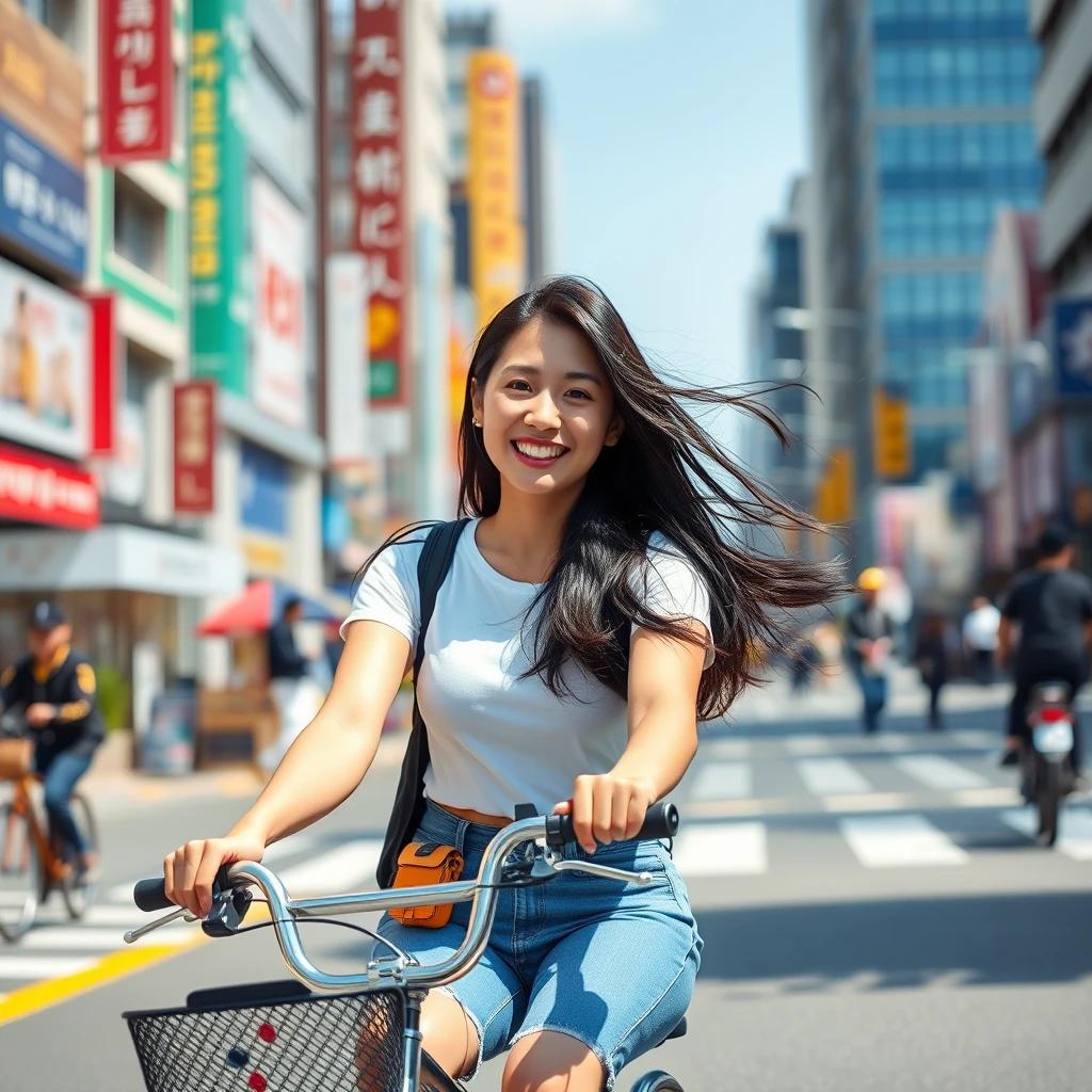 flux.1 aiCapture a young Korean woman in her 20s riding a bicycle through the bustling streets of Seoul, wearing a casual urban outfit, her long black hair flowing, and a bright smile on her face, set against a sunny day with vibrant city colors.