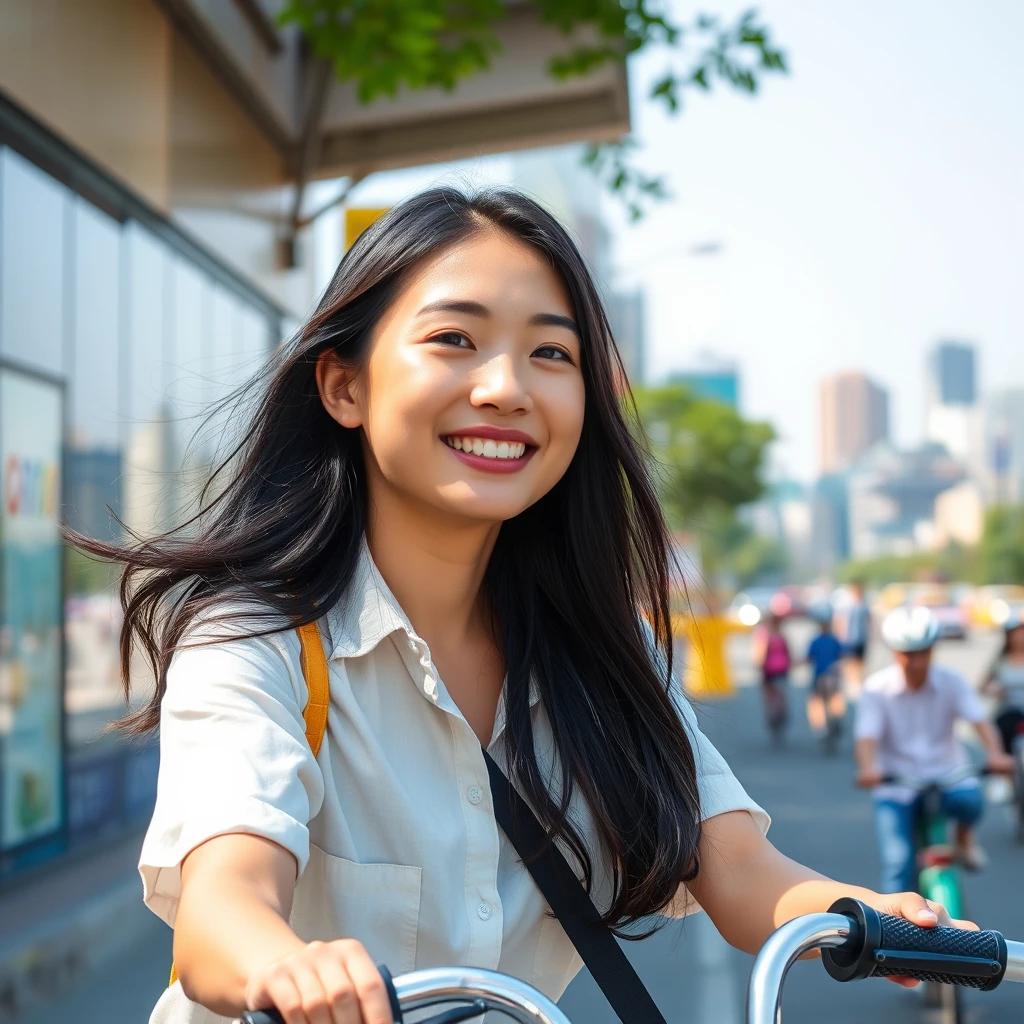 flux.1 aiDepict a cheerful young Korean woman in her 20s, casually dressed, riding a bicycle with a smile, her long black hair swaying, against the backdrop of a sunny Seoul cityscape, filled with vibrant colors.