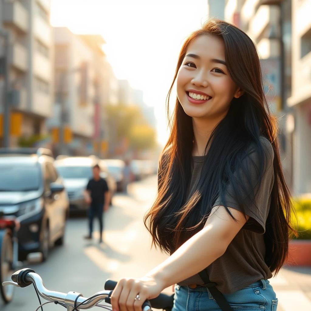 flux.1 aiCapture a young Korean woman in her 20s, casually dressed, riding a bicycle with a bright smile, her long black hair flowing, set against a sunny, vibrant Seoul cityscape.