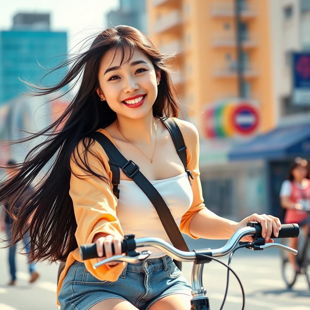 flux.1 aiDepict a young Korean woman in her 20s, wearing a casual urban outfit, riding a bicycle with a cheerful expression, her long black hair flowing, against a vibrant, sunny Seoul city backdrop.