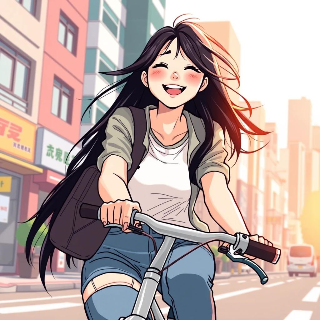 flux.1 ai Illustrate a young Korean woman in her 20s, sporting a casual urban outfit, riding a bicycle with a joyful expression, her long black hair catching the sunlight, set against a vibrant, sunny Seoul cityscape.