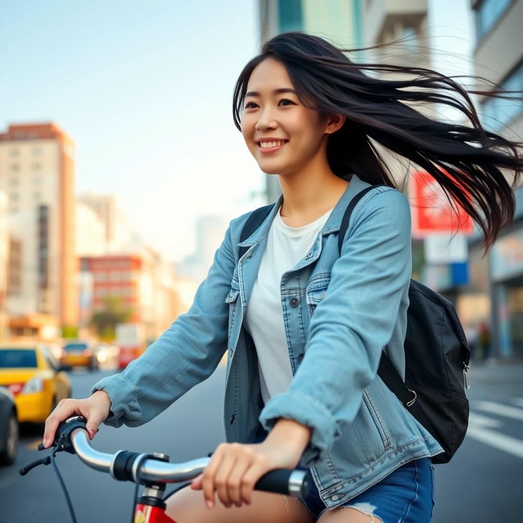 flux.1 aiCreate a scene of a young Korean woman in her 20s, dressed in casual urban attire, riding a bicycle with a smile, her long black hair flowing, against a sunny, colorful Seoul cityscape.