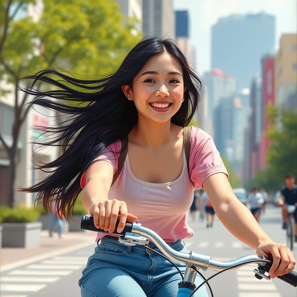 flux.1 aiPaint a young Korean woman in her 20s, casually dressed, riding a bicycle with a happy smile, her long black hair blowing in the breeze, set against a sunny, vibrant Seoul cityscape.