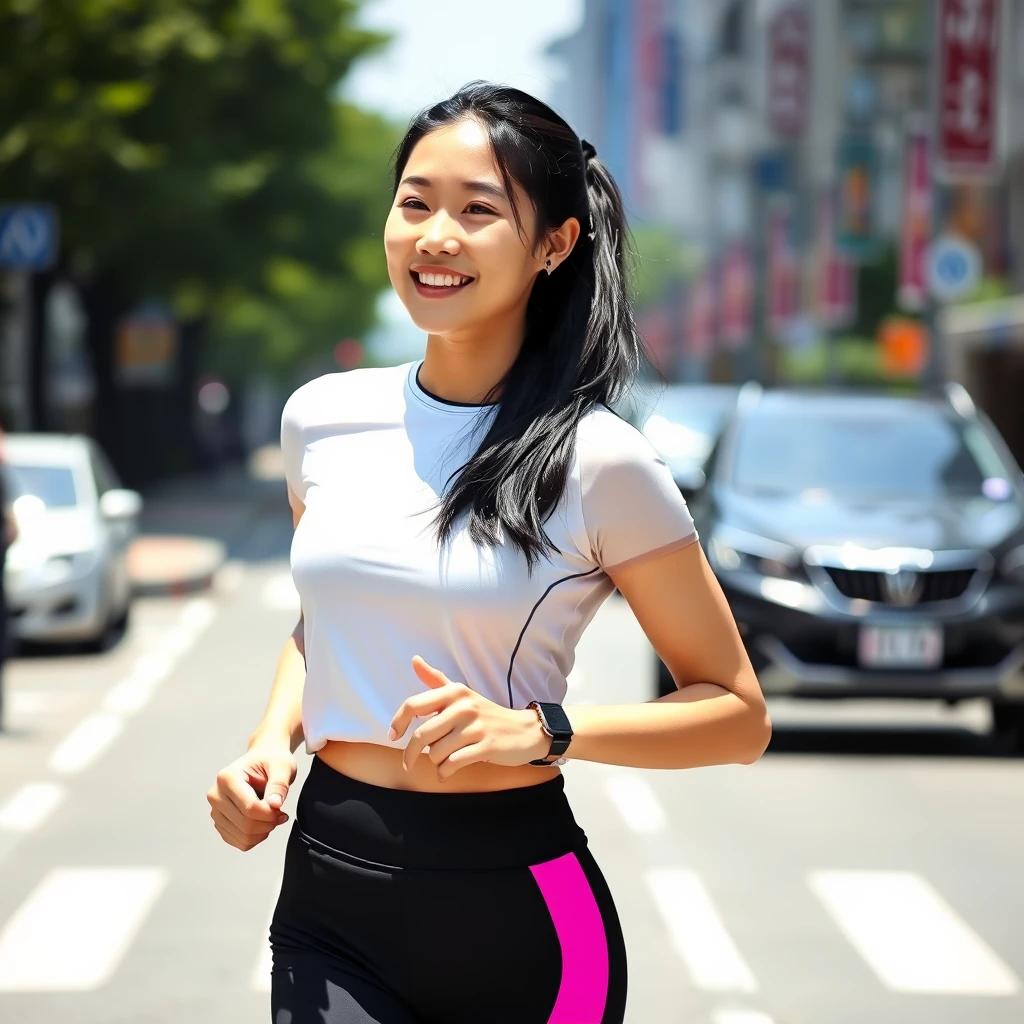 flux.1 aiCapture a young Korean woman in her 20s jogging through the streets of Seoul, wearing an elegant athletic outfit, her long black hair tied back neatly, and a serene smile on her face, set against a sunny day with vibrant city colors.