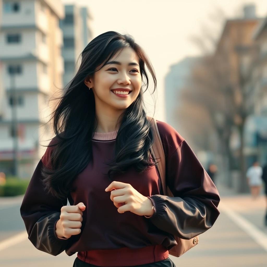 flux.1 aiCreate a scene of a young Korean woman in her 20s, dressed in a vintage-inspired athletic attire, jogging with a nostalgic smile, her long black hair styled in soft waves, against a sunny, vibrant Seoul city backdrop.