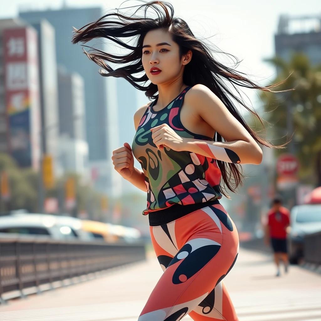 flux.1 aiDepict a young Korean woman in her 20s, wearing an artistic athletic outfit with bold patterns, jogging with a creative expression, her long black hair flowing, against a vibrant, sunny Seoul city backdrop.