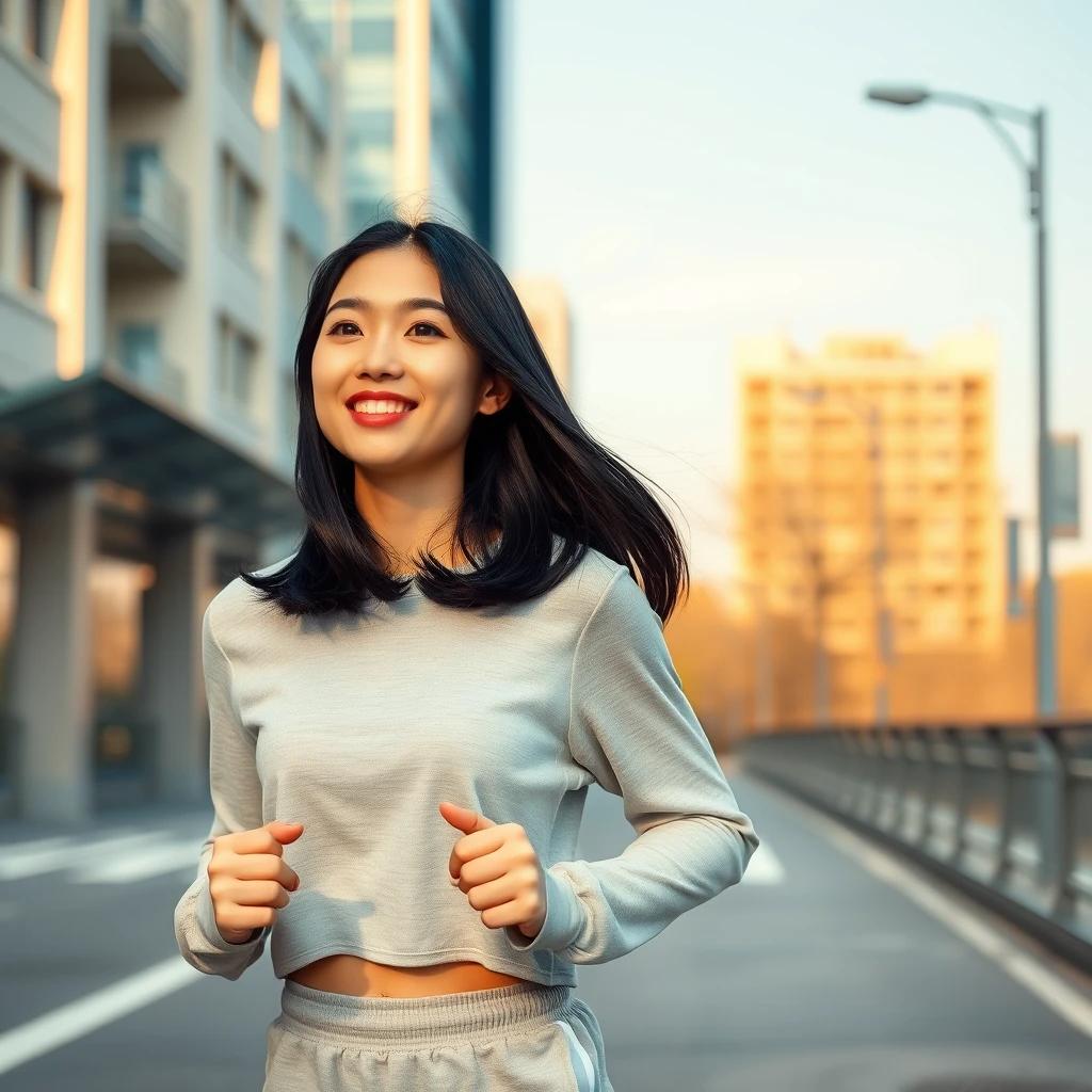 flux.1 aiCapture a young Korean woman in her 20s, casually dressed in classic athletic attire, jogging with a timeless smile, her long black hair styled in a classic bob, set against a sunny, vibrant Seoul cityscape.