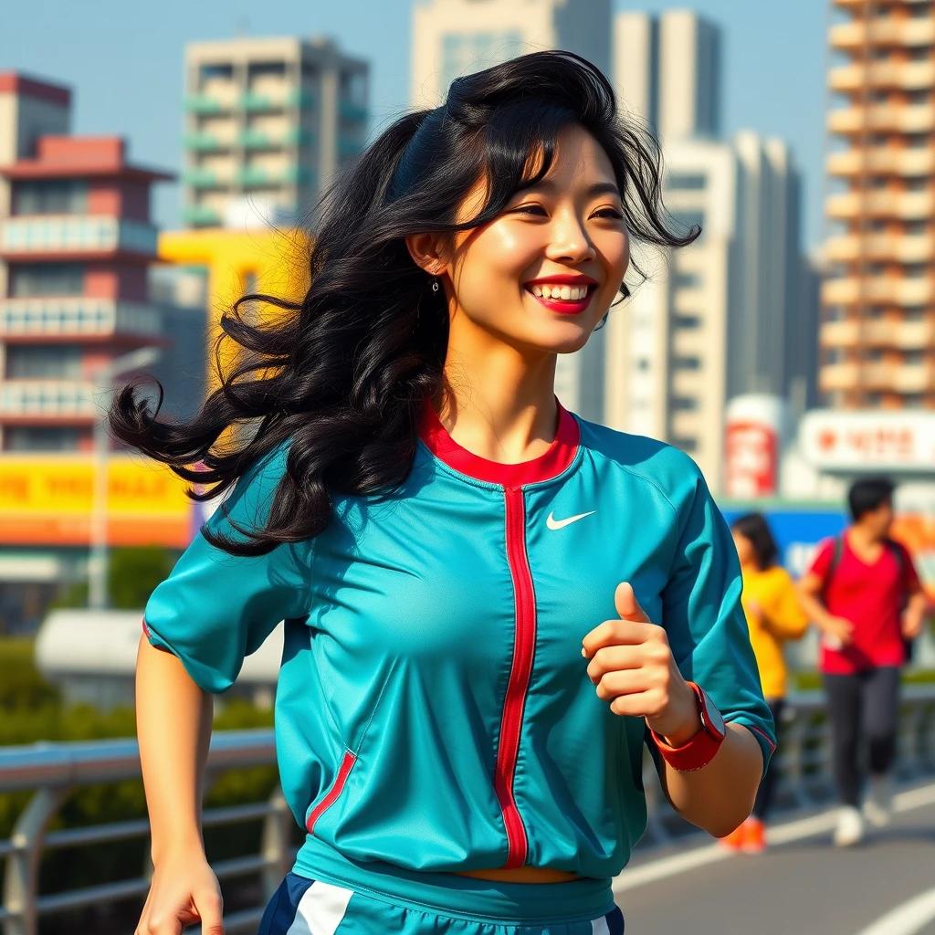 flux.1 aiCreate a scene of a young Korean woman in her 20s, dressed in retro athletic attire with bold colors, jogging with a nostalgic smile, her long black hair styled in soft curls, against a sunny, colorful Seoul cityscape.