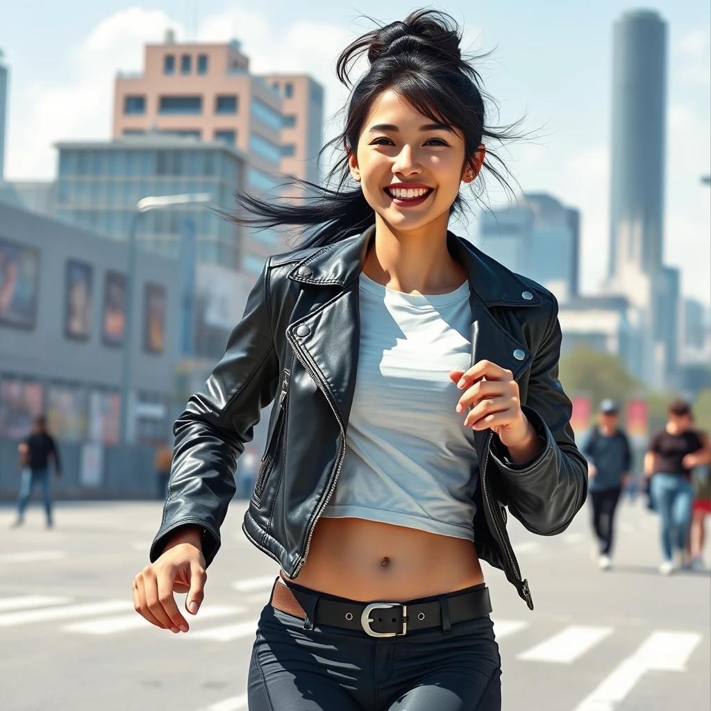 flux.1 aiPaint a young Korean woman in her 20s, casually dressed in edgy athletic attire with leather and studs, jogging with a rebellious smile, her long black hair styled in a messy bun, set against a sunny, vibrant Seoul cityscape.