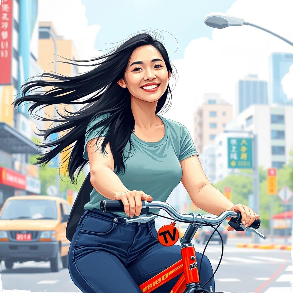 flux.1 aiPaint a young Korean woman in her 20s, casually dressed, riding a bicycle with a happy smile, her long black hair blowing in the breeze, set against a sunny, colorful Seoul cityscape.