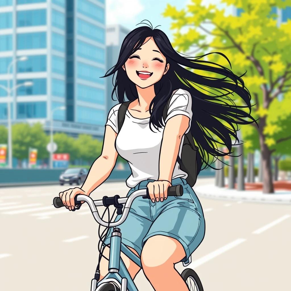 flux.1 aiIllustrate a young Korean woman in her 20s, wearing a casual urban outfit, riding a bicycle with a joyful expression, her long black hair catching the sunlight, against a vibrant, sunny Seoul city backdrop.