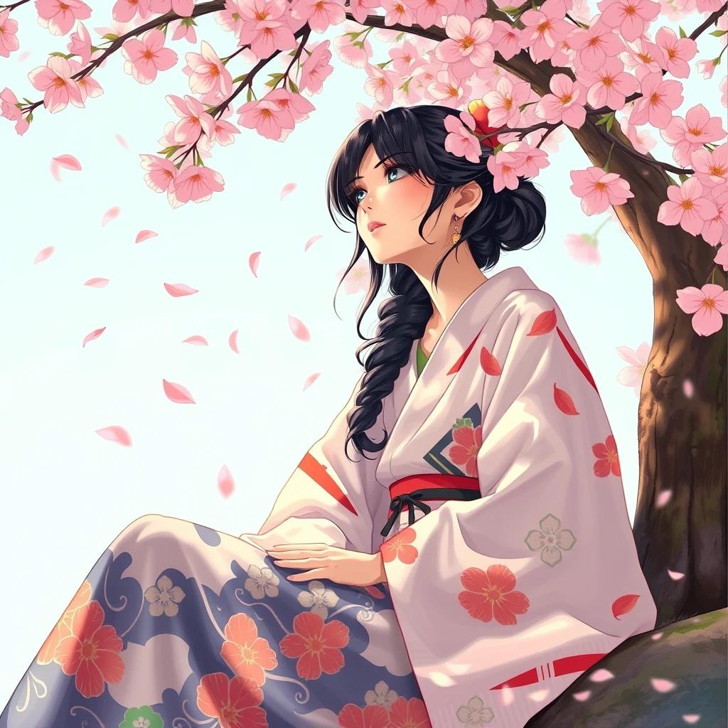 flux.1 aiDepict a Japanese woman in a modern, bohemian-inspired kimono, sitting comfortably under a cherry blossom tree, her eyes filled with wonder as she watches the petals dance in the breeze, surrounded by vibrant colors.