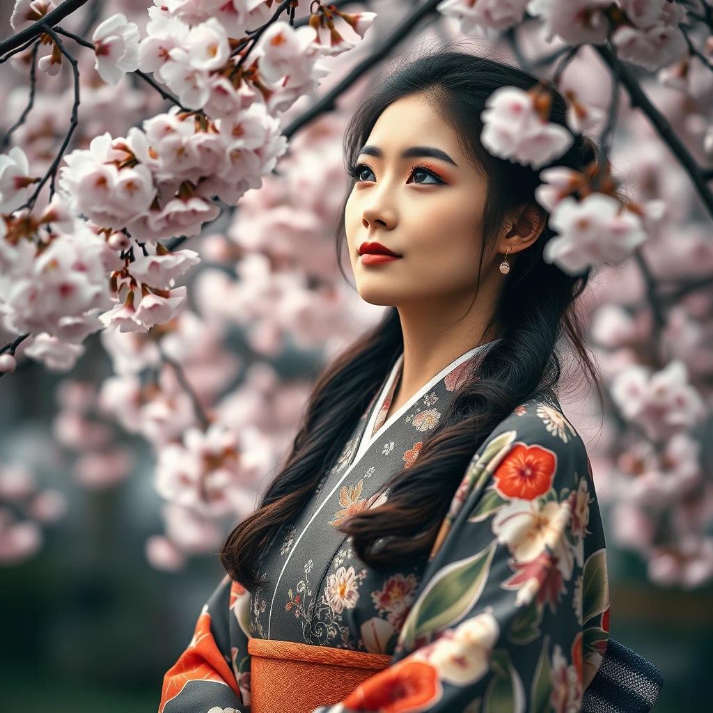 flux.1 aiCreate a scene of a Japanese woman in a vintage-inspired kimono, her eyes lost in thought as she admires the cherry blossoms, her attire and the nostalgic atmosphere of the scene evoking a sense of timeless beauty.