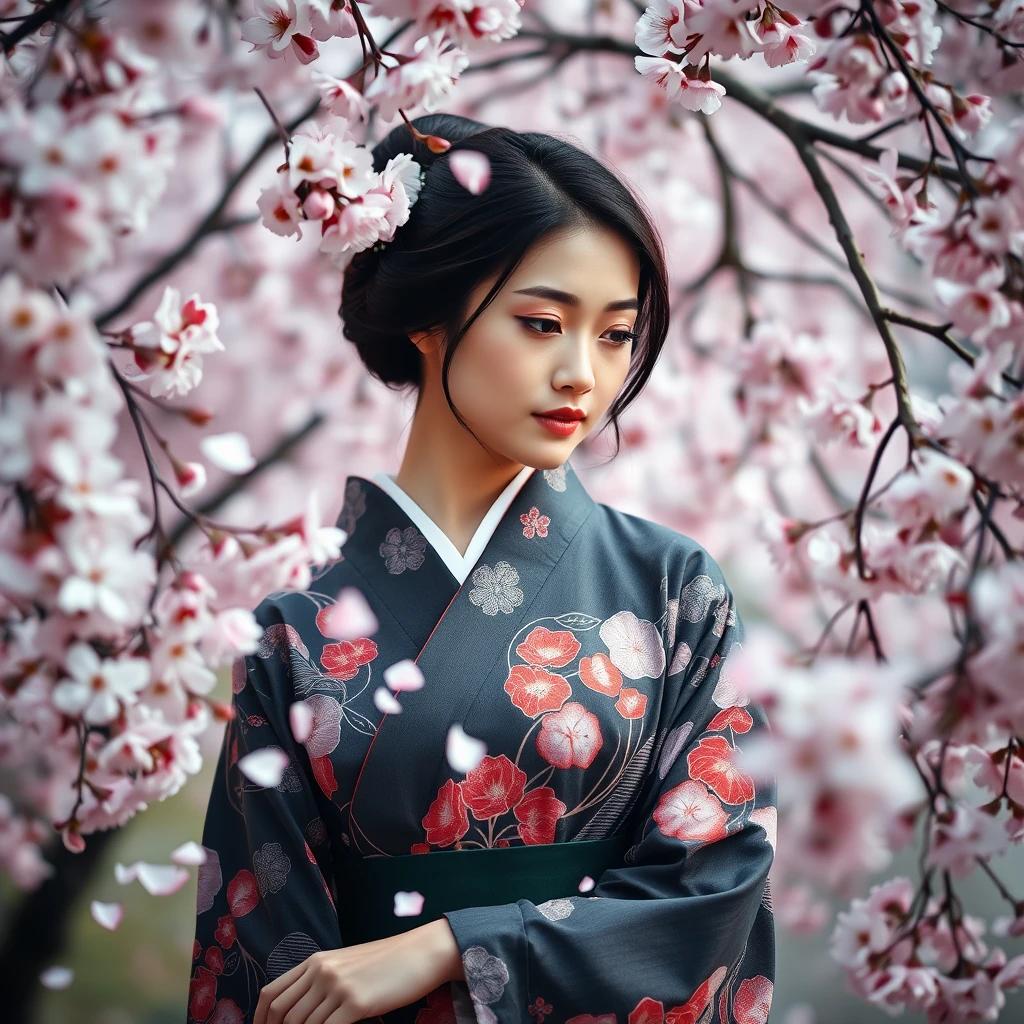 flux.1 aiCapture a Japanese woman in a traditional kimono, standing gracefully amidst a sea of cherry blossoms, her eyes softly gazing at the petals as they gently fall around her, creating a serene and elegant scene.