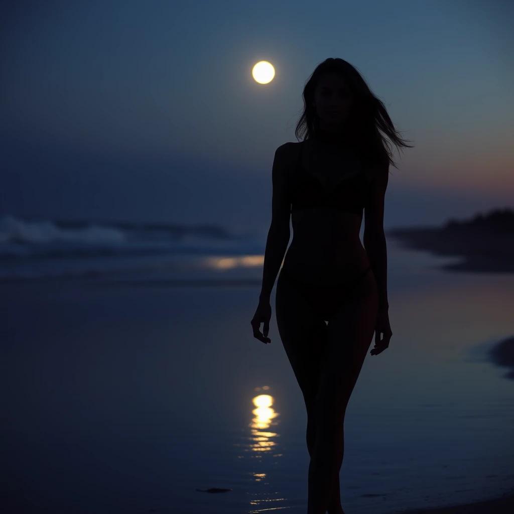 flux.1 aiCapture a confident woman walking along a moonlit beach, her silhouette accentuated by the soft glow of the moonlight, her posture exuding a natural sensuality.