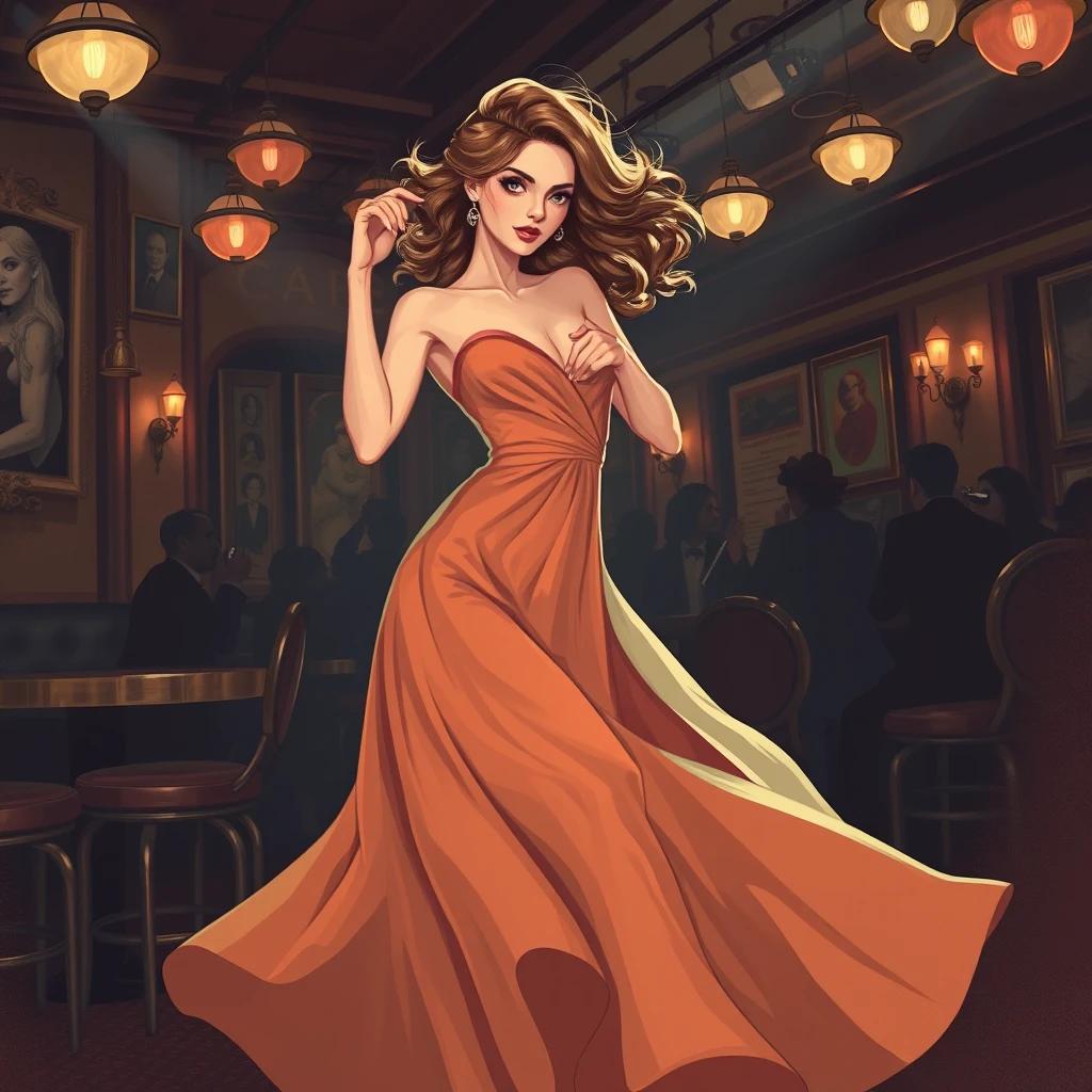 flux.1 aiIllustrate a woman in a flowing, sensual dress, her movements graceful and captivating, her eyes conveying a mysterious allure as she dances under the dim lights of a vintage jazz club.